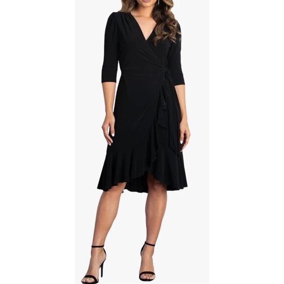 Kiyonna Whimsy Ruffled Midi WrapDress With Sleeves iBlack Noir Size 1X NWT - Picture 1 of 13